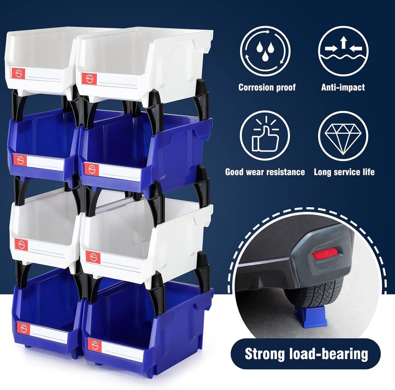 Pe&Hui Storage Organizer Bins,Wall Mount Storage Parts Rack,Stackable Shop Tool Bins for store Screws,Small Parts,Office Supplies and other Accessories (8Pack Blue&White) … - Image 2